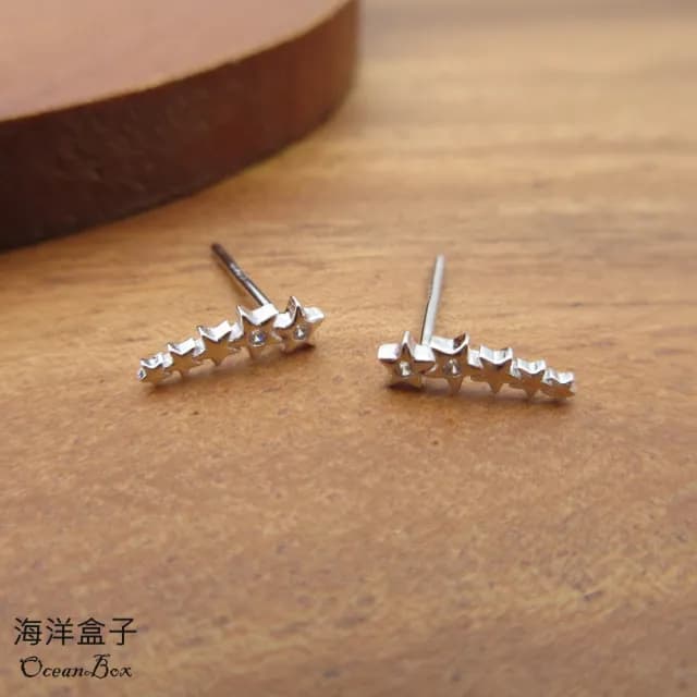 【海洋盒子】閃耀清冷排列鑲鑽微笑流星S925純銀耳環(貼耳耳環.外鍍專櫃級正白K)