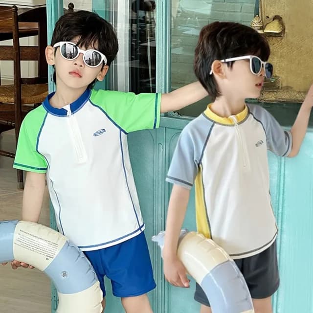 【橘魔法】色塊拼接插肩短袖泳衣套裝(二件式 泳裝 游泳課 學生泳衣 兒童 男童 童裝)