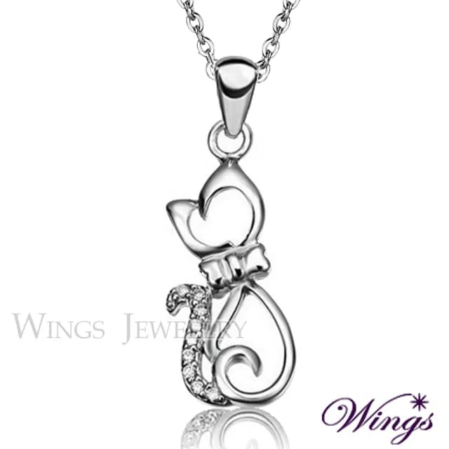 【WINGS】精鍍白K金項鍊《幸福貓》｜閃耀擬真鑽・細緻甜美款(質感 清新 喵星人 禮盒 送禮 貓咪 日系 禮物)