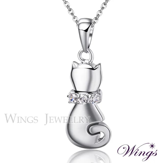 【WINGS】精鍍白K金項鍊《甜蜜小貓》｜擬真鑽・輕奢可愛風(送禮 女生禮物 禮盒 情人 七夕 生日)
