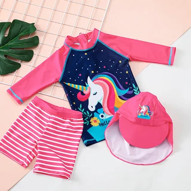 【橘魔法】花草彩虹獨角獸七分袖泳衣+泳褲+防曬泳帽(3件式 套裝 泳裝 泳衣 兒童 女童 童裝 海邊 玩水)