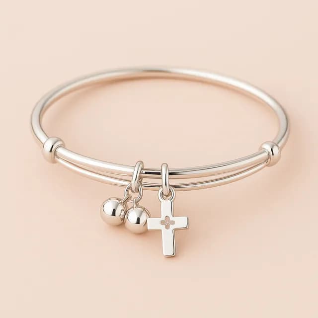 【珠兒綠】999純銀幸福十字架搖鈴純銀手鐲-兒童尺寸 開運(純銀手環 手鍊 彌月禮物 附禮盒禮袋 開運)