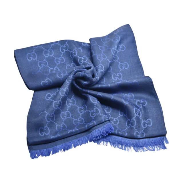 【GUCCI 古馳】經典GG緹花雙色羊毛混絲流蘇圍巾/披肩(藍色508027-165904-3G646)