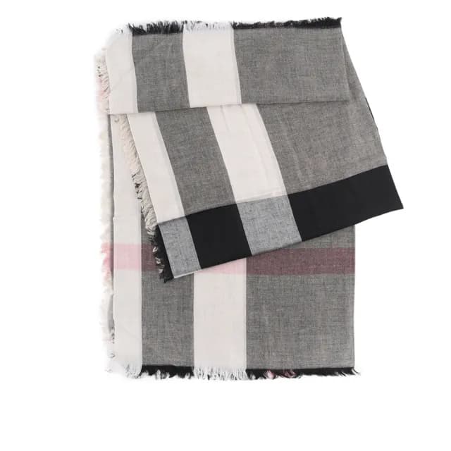 【BURBERRY 巴寶莉】經典格紋莫代爾羊毛圍巾_薄款(灰色/粉色)