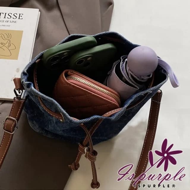 【iSPurple】情人節禮物 繫繩蝴蝶結 復古水洗牛仔斜單肩背束口水桶包(藍)