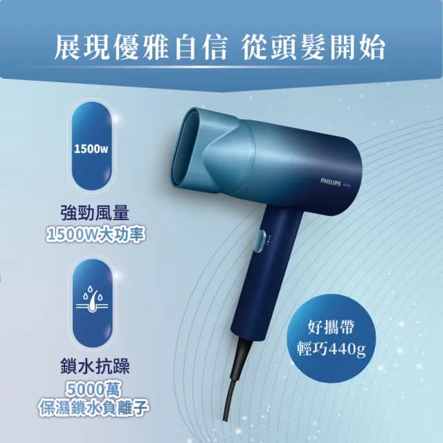 【Philips 飛利浦】官方直營 水潤護色負離子吹風機-極光星空藍(BHD399/61)
