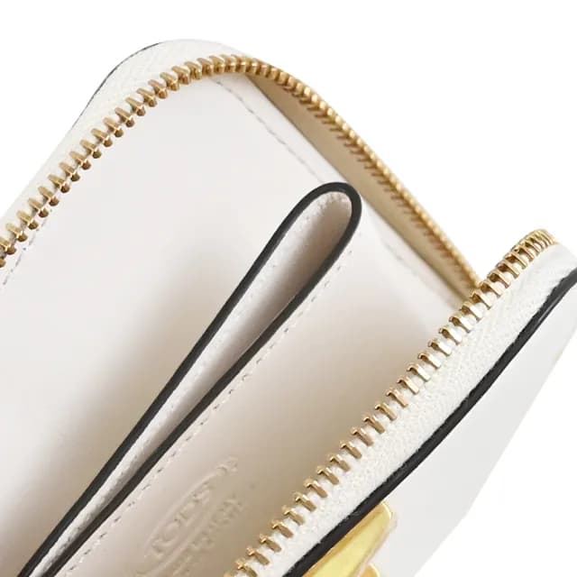 【TOD’S】TODS T Timeless 金屬T LOGO小牛皮L型拉鍊鈔票零錢包(白)