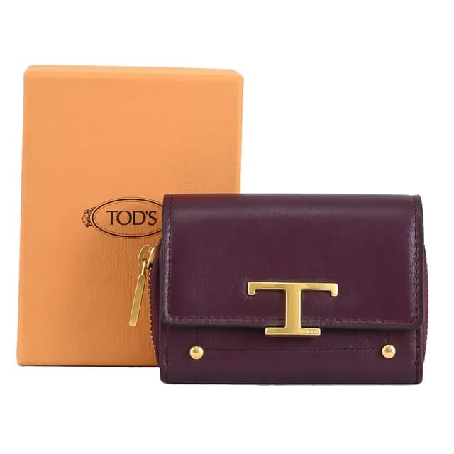 【TOD’S】TODS 金屬T LOGO小牛皮信用卡證件名片零錢包(深紫)