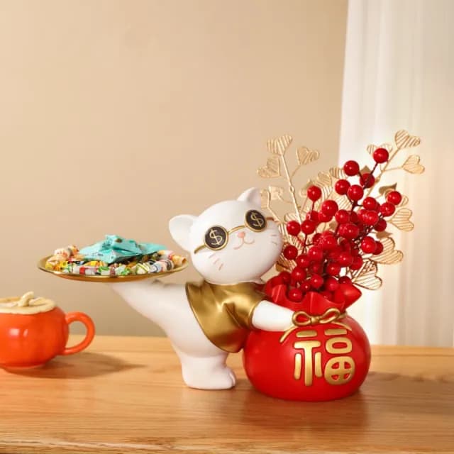 【由米】招財貓 招財擺飾 玄關收納 喬遷禮品 置物架(35*31 樹脂材質 不鏽鋼托盤 收納)