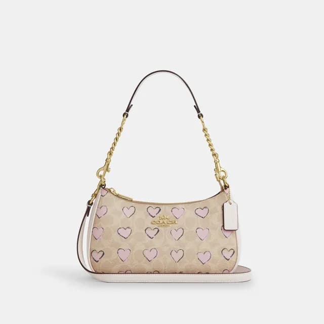 【COACH】蔻馳官方直營 TERI經典Logo愛心印花單肩手袋 單肩包 肩背包-IM/沙黃色 混合色(CBS73)