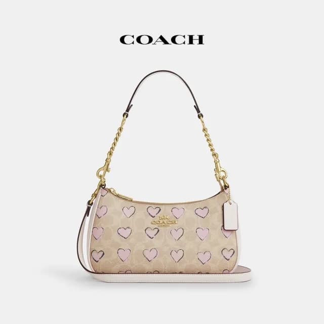 【COACH】蔻馳官方直營 TERI經典Logo愛心印花單肩手袋 單肩包 肩背包-IM/沙黃色 混合色(CBS73)