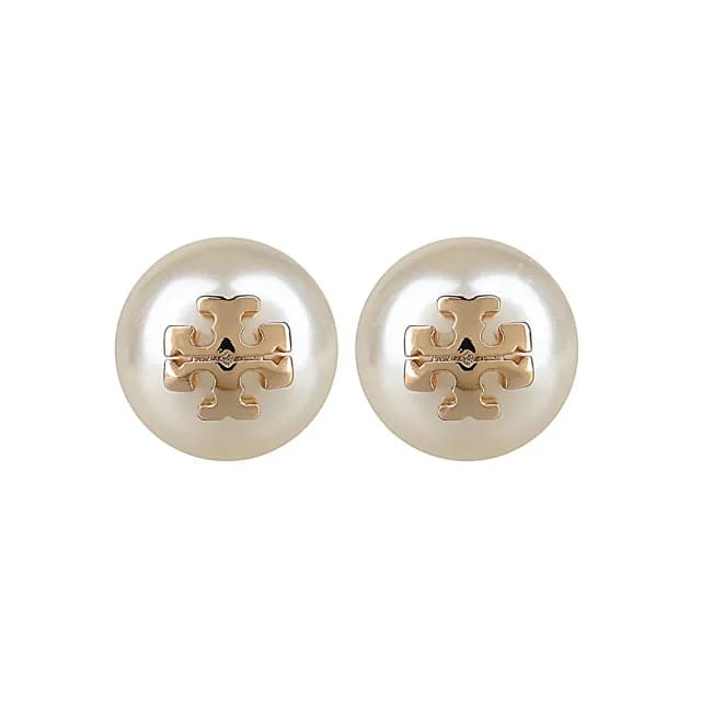 【TORY BURCH】TORY BURCH 英文T字LOGO珍珠穿式耳環(象牙白x金)