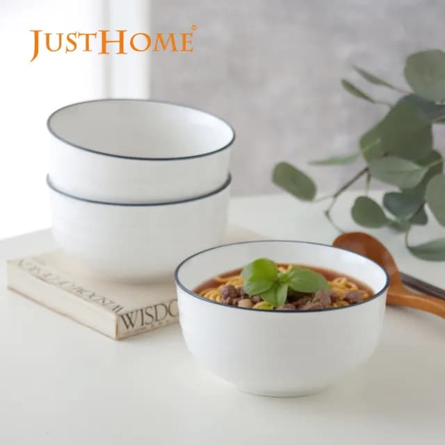 【Just Home】簡約純白藍邊陶瓷6吋麵碗3件組(可微波 碗 陶瓷碗 泡麵碗 湯碗 碗盤)