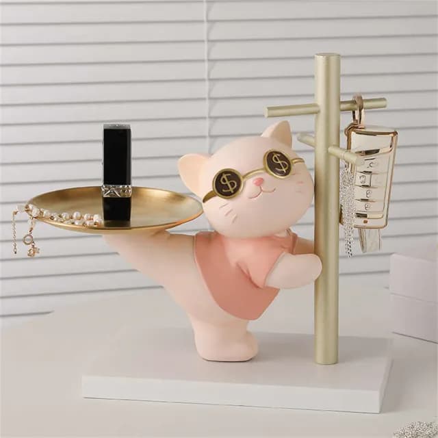 【超微米】招財貓擺件 玄關鑰匙收納 入戶家居客廳托盤裝飾品 搬家喬遷新居禮物(喜樂兔收納擺件)