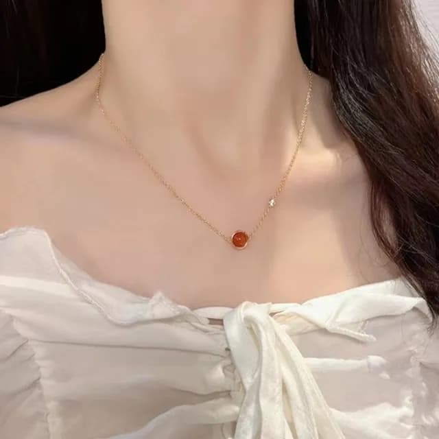 【MoonDy】項鍊 轉運珠項鍊 玫瑰金色 鋯石項鍊 鎖骨鏈 女生項鍊 簡約 韓國項鍊 ins風 飾品 紅珠項鍊