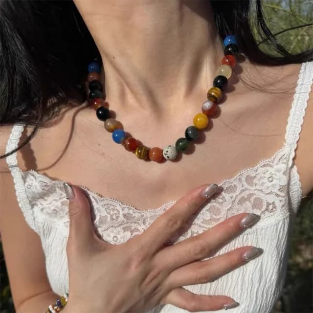 【MoonDy】飾品 項鍊 女生項鍊 串珠項鍊 鎖骨鍊 琉璃珠項鍊 圓珠項鍊 個性項鍊 小眾設計 穿搭配件