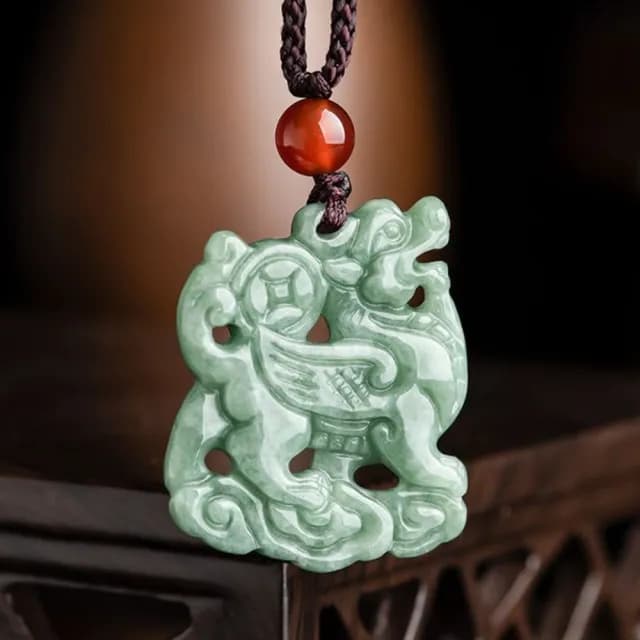 【Penny珮妮】A貨翡翠豆綠金錢麒麟送福吊墜項鍊(母親節 交換禮物  生日禮 情人節 尾牙 新年 結婚)