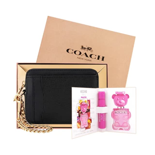 【COACH】荔枝紋皮革金屬鏈帶證件卡夾/零錢包+MOSCHINO 品牌經典隨身小香水(黑色)