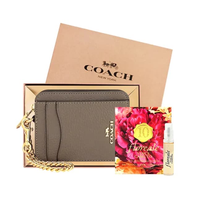 【COACH】荔枝紋皮革金屬鏈帶證件卡夾/零錢包+VINCE CAMUTO Floreale 花圓舞曲隨身小香(拿鐵色)
