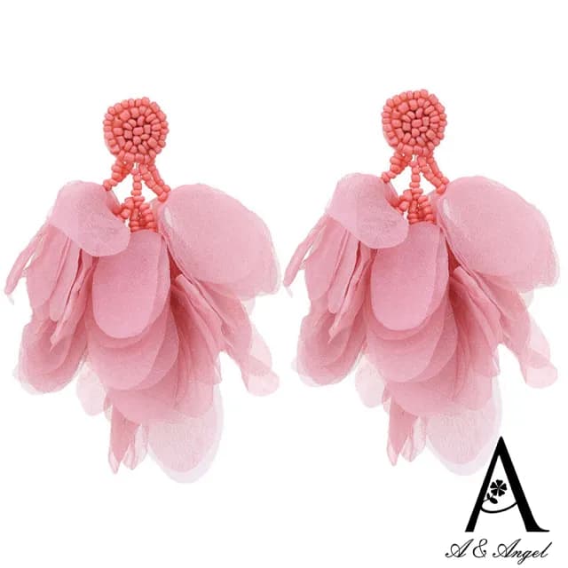 【ANGEL】民族花漾布料網紗流蘇搶眼鋼針耳環(7色可選)