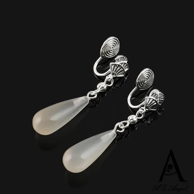【ANGEL】瑪瑙水滴扇型中國風垂墜無耳洞耳夾式耳環(銀色無耳洞可選)