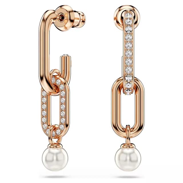 【SWAROVSKI 施華洛世奇】Constella 優雅珍珠水晶垂墜式耳環-玫瑰金(5728585)