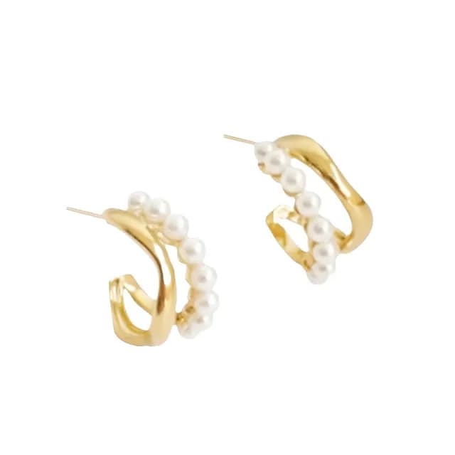 【極簡金屬】優雅不對稱雙圈珍珠耳扣(圈圈耳環 耳飾 圓圈耳釘 韓風 百搭 上班通勤)