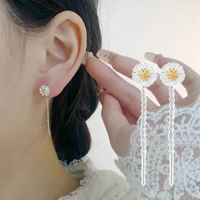 【韓系甜美】清新小雛菊925純銀垂墜耳線(耳針耳環 花朵 長耳環 約會 耳墜 穿搭配件 洋裝)