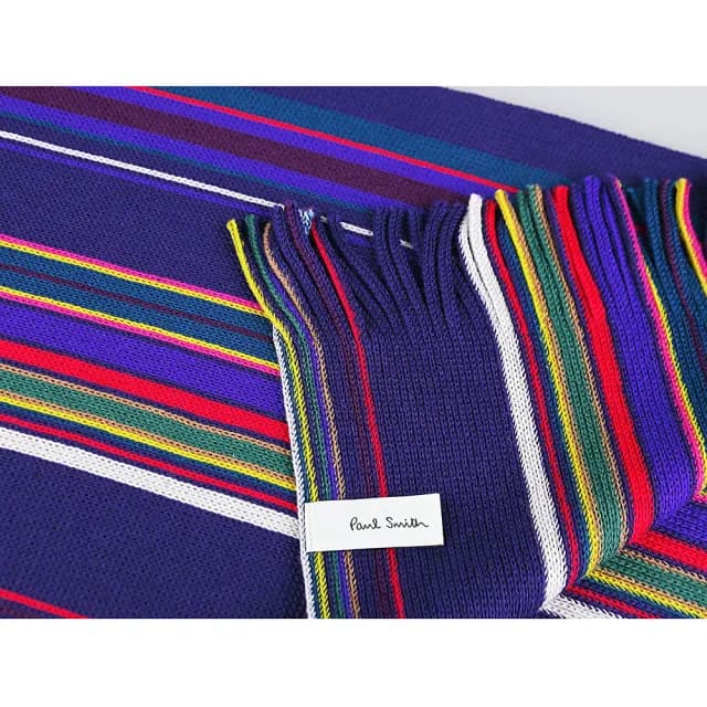 【Paul Smith】PAUL SMITH刺繡藍字LOGO純羊毛彩線條紋披肩/圍巾(男款/海軍藍x多色)