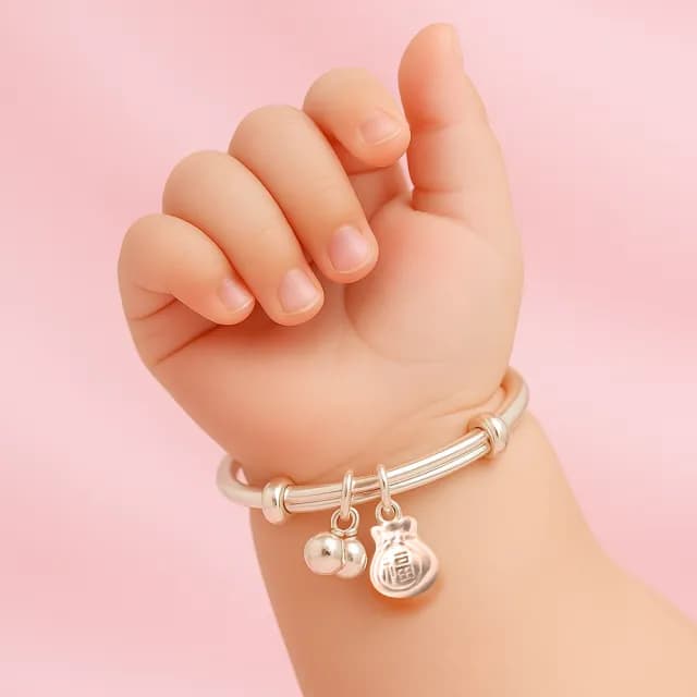 【珠兒綠】999純銀 福袋嬰兒搖鈴手鐲 嬰兒手鐲(純銀手鐲手鍊 嬰兒尺寸 彌月禮物 寶寶手鐲 開運)