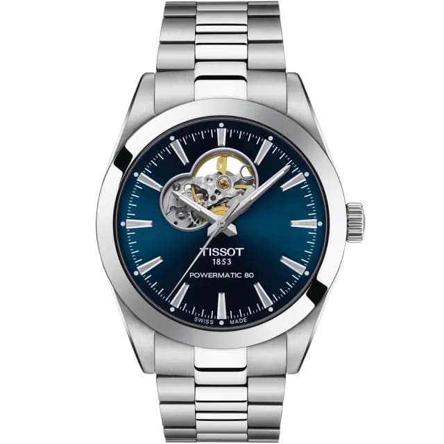 【TISSOT 天梭】GENTLEMAN 80小時矽游絲開芯機械手錶-藍 七夕 情人節禮物(T1274071104101)