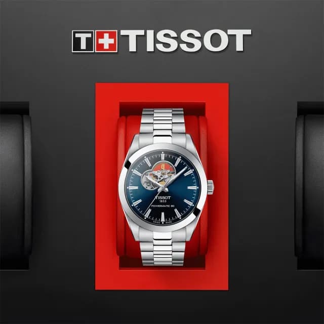 【TISSOT 天梭】GENTLEMAN 80小時矽游絲開芯機械手錶-藍 七夕 情人節禮物(T1274071104101)
