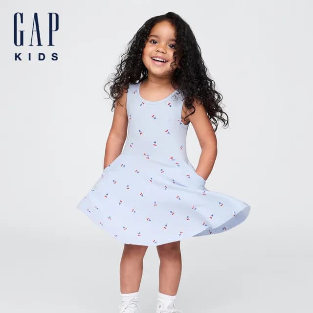 【GAP】女幼童裝 純棉小熊刺繡印花圓領無袖洋裝-淺藍色(778350)