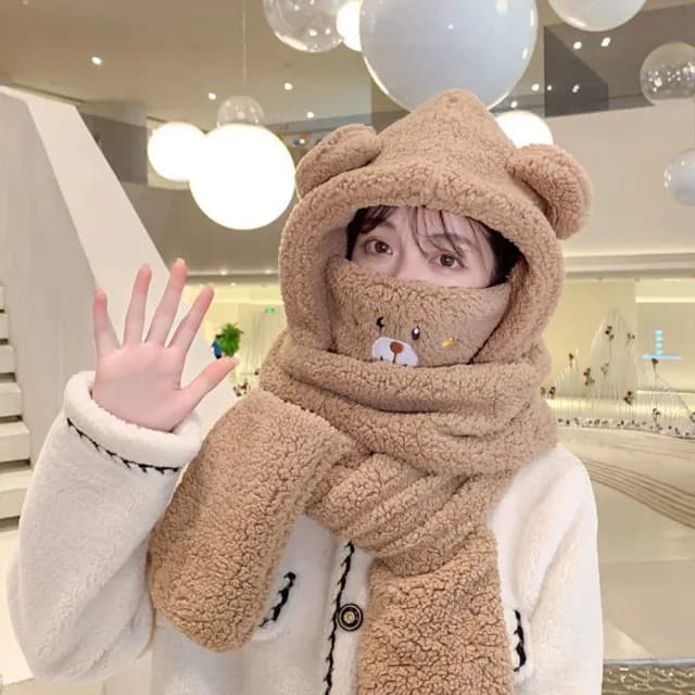 【匠心選品】小熊造型 四合一連帽圍巾手套口罩(羊羔絨 加厚防風帽 防風圍巾 保暖口罩 保暖手套 防寒圍巾)