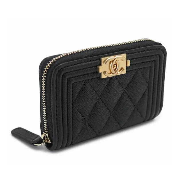 【CHANEL 香奈兒】A80602 經典BOY系列金釦菱格紋ㄇ字拉鍊零錢包/短夾(黑色)