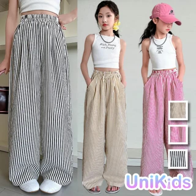 【UniKids】中大童裝豎條紋長褲 闊腿休閒長褲 女大童裝 CVXXM2507(黑 紅 黃)
