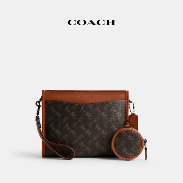 【COACH】蔻馳官方直營 HITCH馬車圖案印花多功能手包款斜背手袋-松露色(CW667)