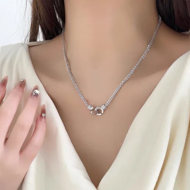 【MoonDy】飾品 項鍊 女生項鍊 純銀項鍊 S925 雙環扣項鍊 鎖骨鏈 短項鍊 百搭 穿搭配件 設