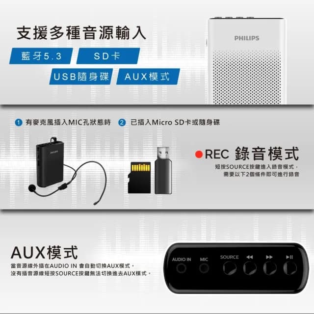 【Philips 飛利浦】PHILIPS 隨身無線藍牙教學擴音機 SBM206(小蜜蜂)
