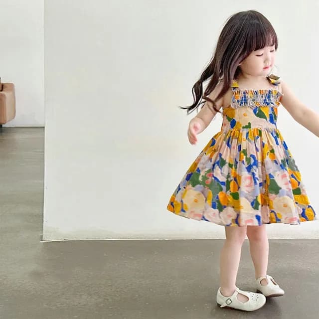 【橘魔法】油畫風碎花吊帶洋裝(吊帶裙 連身裙 裙子 女童 兒童 童裝)