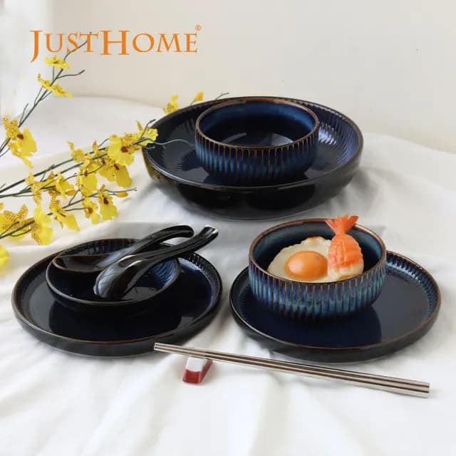 【Just Home】藏藍陶瓷8件碗盤餐具組-2款可選(可微波 碗 飯碗 湯碗 麵碗 湯匙)