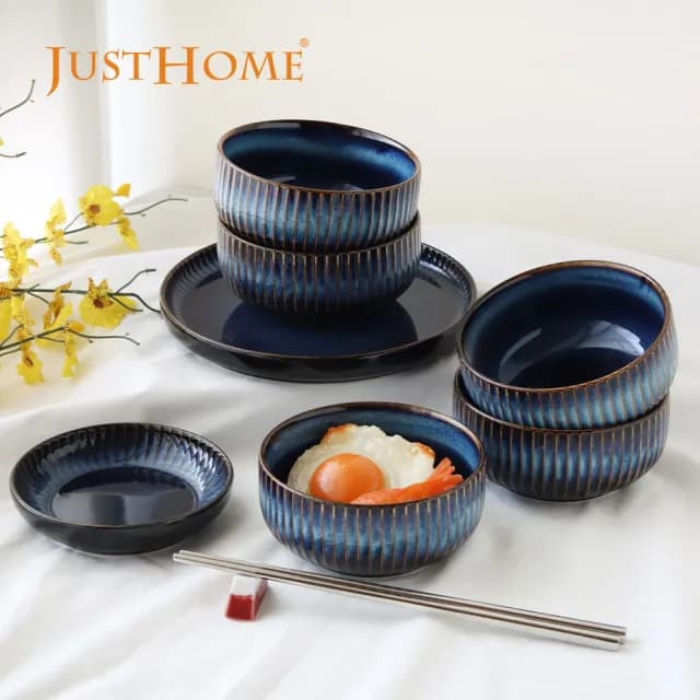 【Just Home】藏藍陶瓷8件碗盤餐具組-2款可選(可微波 碗 飯碗 湯碗 麵碗 湯匙)