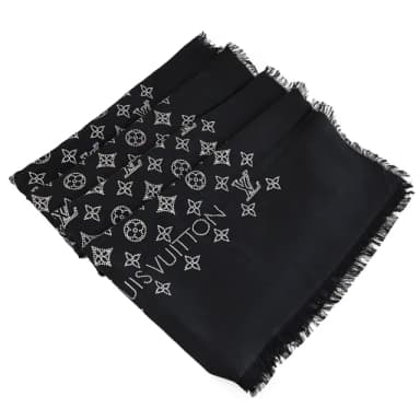 【Louis Vuitton 路易威登】LV M77896 Monogram 品牌LOGO緹花絲綢混羊毛披肩圍巾(黑 現貨)