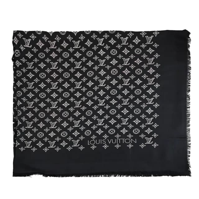 【Louis Vuitton 路易威登】LV M77896 Monogram 品牌LOGO緹花絲綢混羊毛披肩圍巾(黑 現貨)