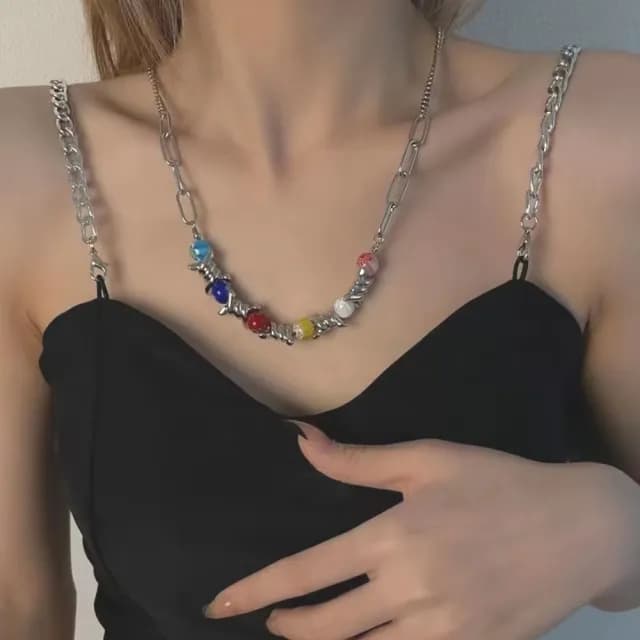 【嘻哈甜酷】彩色琉璃珠合金項鍊(輕奢 小眾 設計 串珠 荊棘項鏈 ins 原宿風 毛衣鍊 鎖骨鏈)