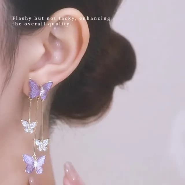 【仙女氣質】水鑽紫蝴蝶流蘇耳環1對(優雅 耳墜 耳飾 耳針 耳釘 首飾 垂墜耳環 女生 禮物)