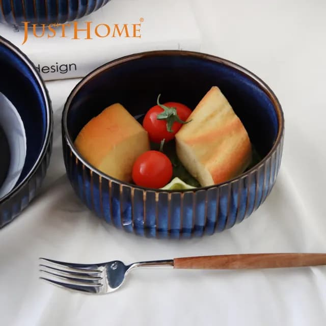【Just Home】藏藍陶瓷碗盤餐具5件組-2款可選(可微波 碗 飯碗 湯碗 麵碗 湯匙)