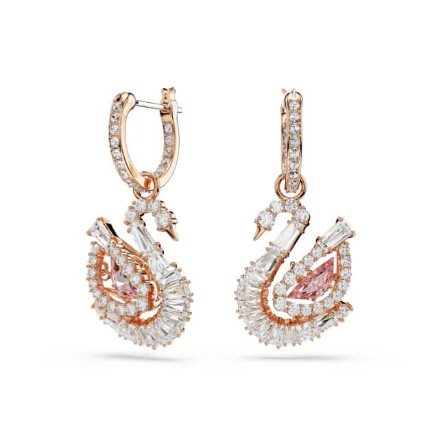【SWAROVSKI 施華洛世奇】Swan 水滴形耳環 密鑲 天鵝 粉紅色