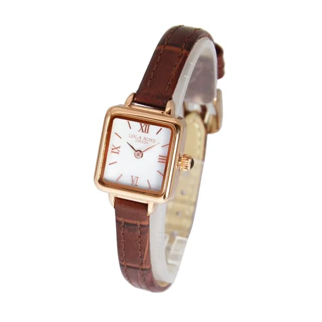 【LOLA ROSE】玫瑰金框 白面 棕色皮革 小巧方形 手錶 女錶 19mm 贈手鍊 雙11(LR2230)
