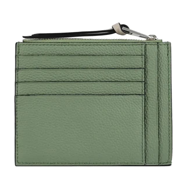【LOEWE 羅威】經典徽章烙印LOGO小牛皮信用卡證件名片零錢包(綠咖)